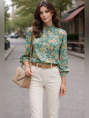 Jacques Vert vintage floral print long sleeves blouse Sz US 10 green brown